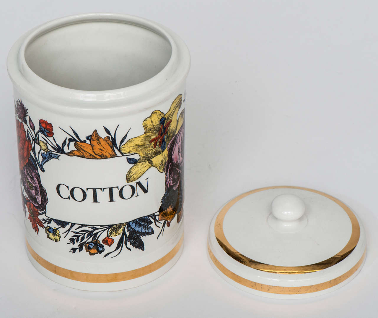A porcelain “Cotton” Jar and Cover by Piero Fornasetti.
Labelled against decorative Flora.
Lithographically printed and hand coloured
Gilt highlights
Label to base
Italy, circa 1960
30cmsh x 18cms diameter.