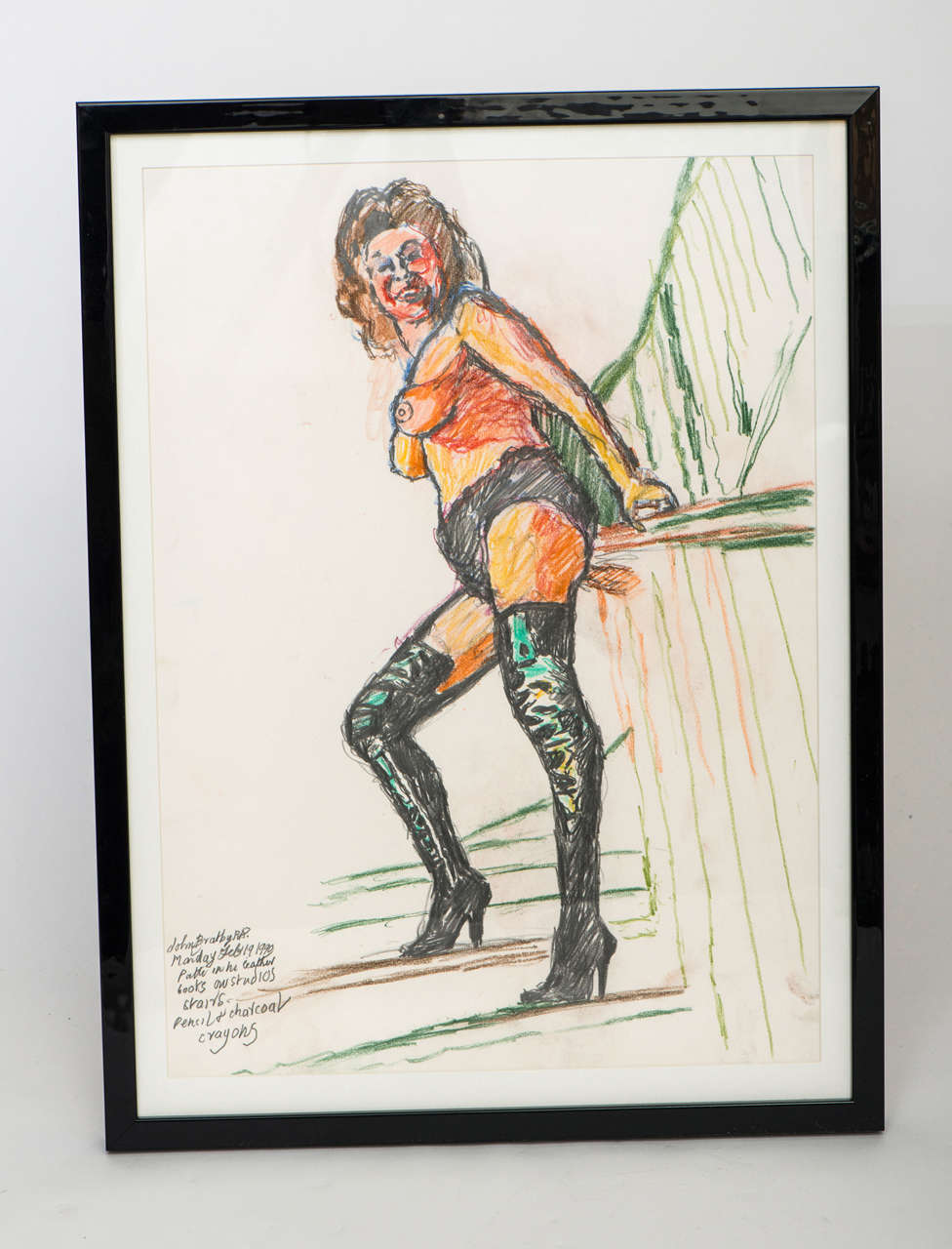John Bratby pencil and crayon drawing “Patty in Leather Boots”, England 1990 For Sale 3