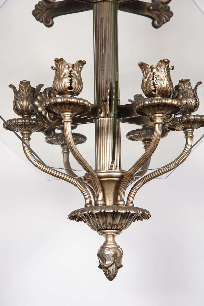 American 1920s Silver Plated Six Arm Bronze Bank Chandelier from Chicago