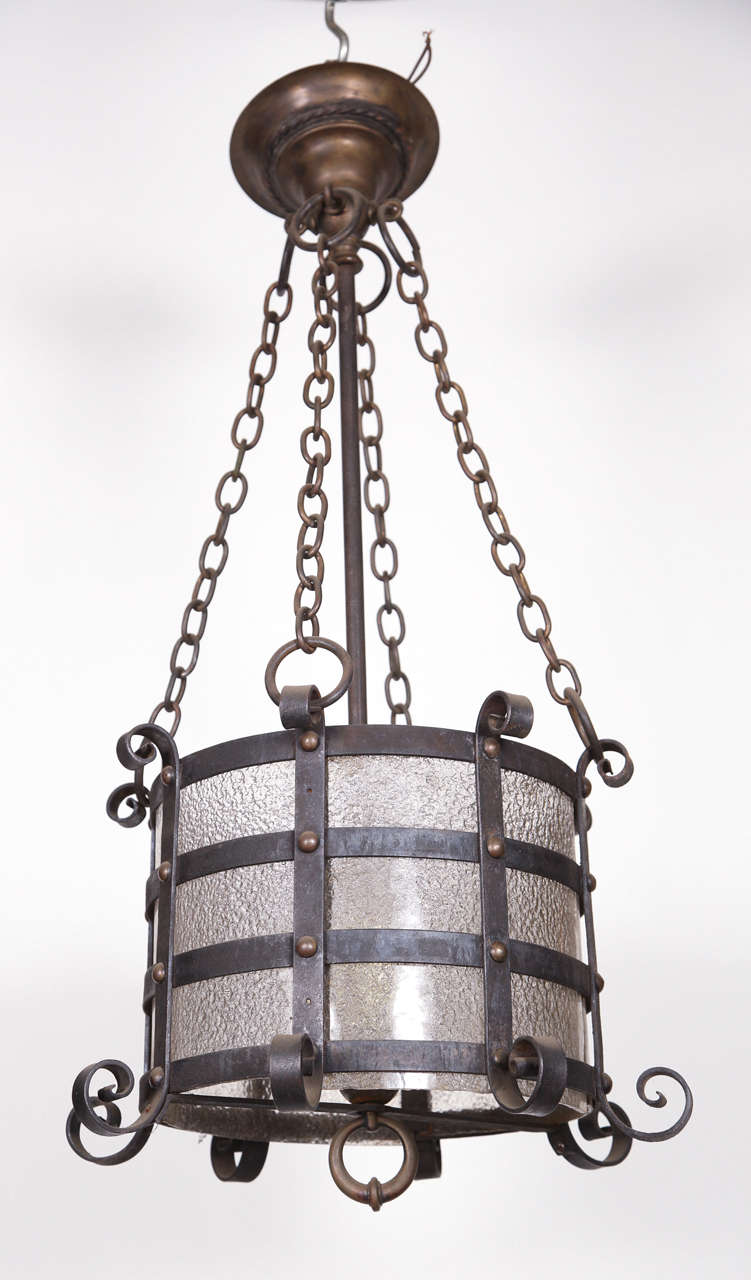 American Craftsman Wrought Iron Pendant Lantern with Original Textured Glass
