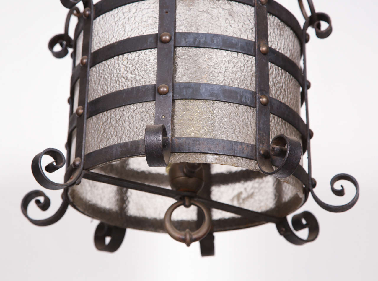 American Wrought Iron Pendant Lantern with Original Textured Glass