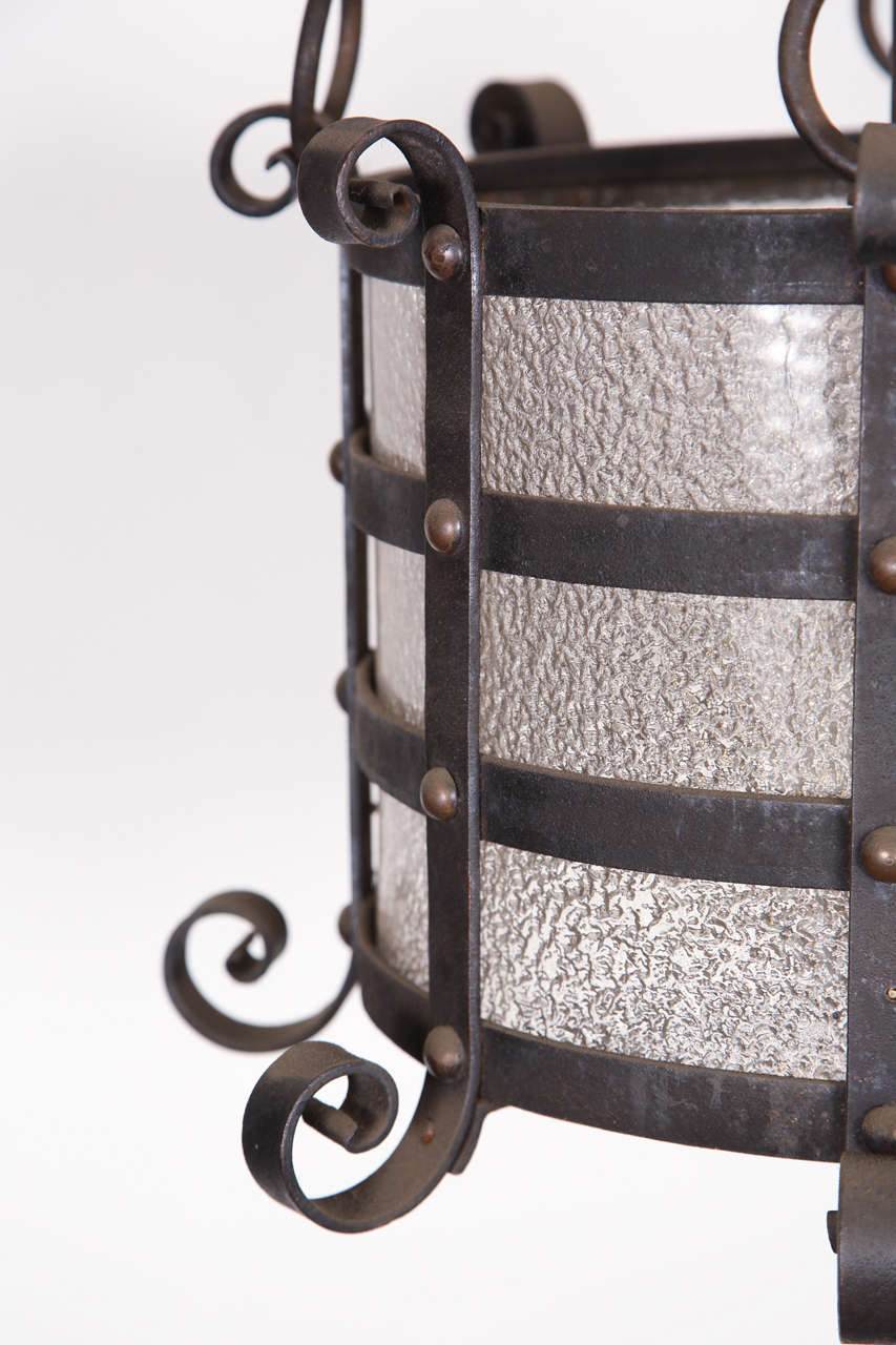20th Century Wrought Iron Pendant Lantern with Original Textured Glass