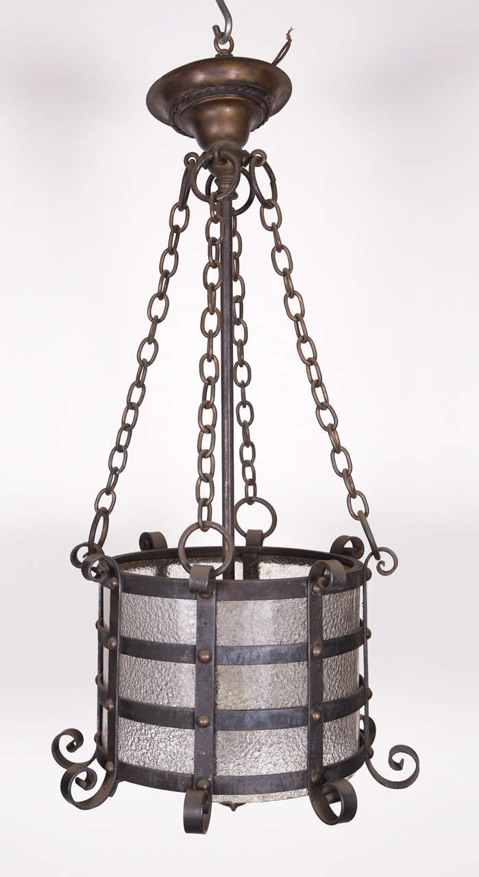 Wrought Iron Pendant Lantern with Original Textured Glass 1
