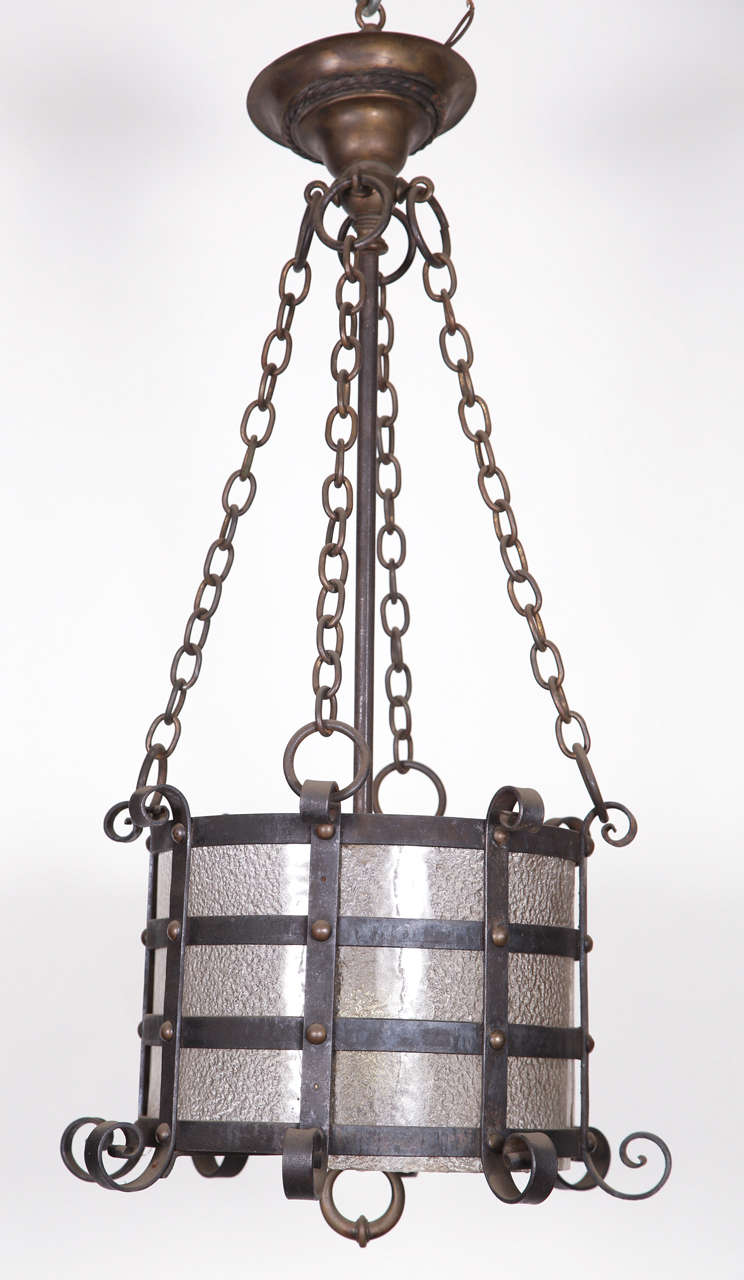 Wrought Iron Pendant Lantern with Original Textured Glass 2