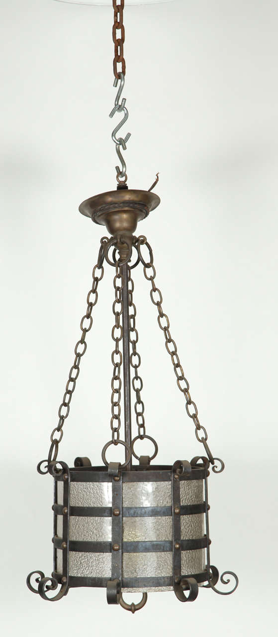 Wrought Iron Pendant Lantern with Original Textured Glass 3