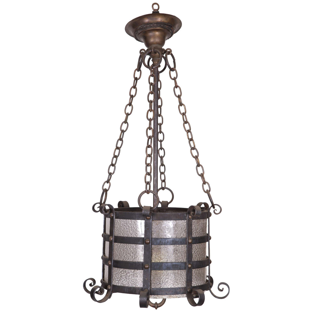 Wrought Iron Pendant Lantern with Original Textured Glass