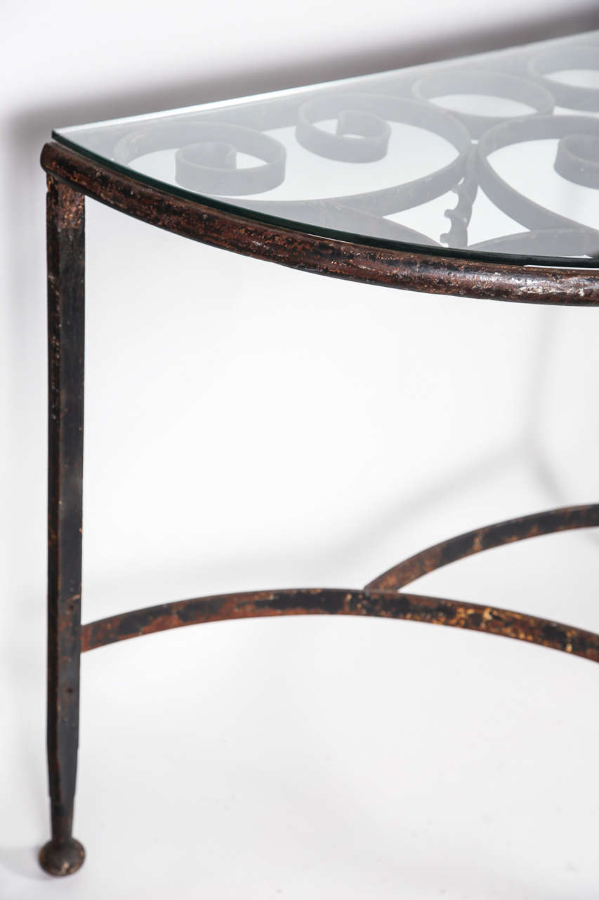 Glass Topped Demi Lune Wrought Iron Console In Excellent Condition In Los Angeles, CA