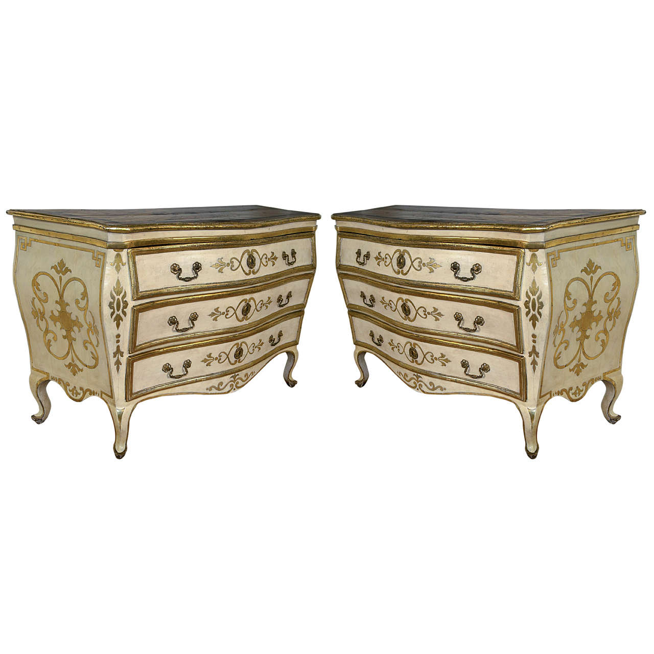 Pair of Italian 18th Century Painted Bombe Commodes For Sale