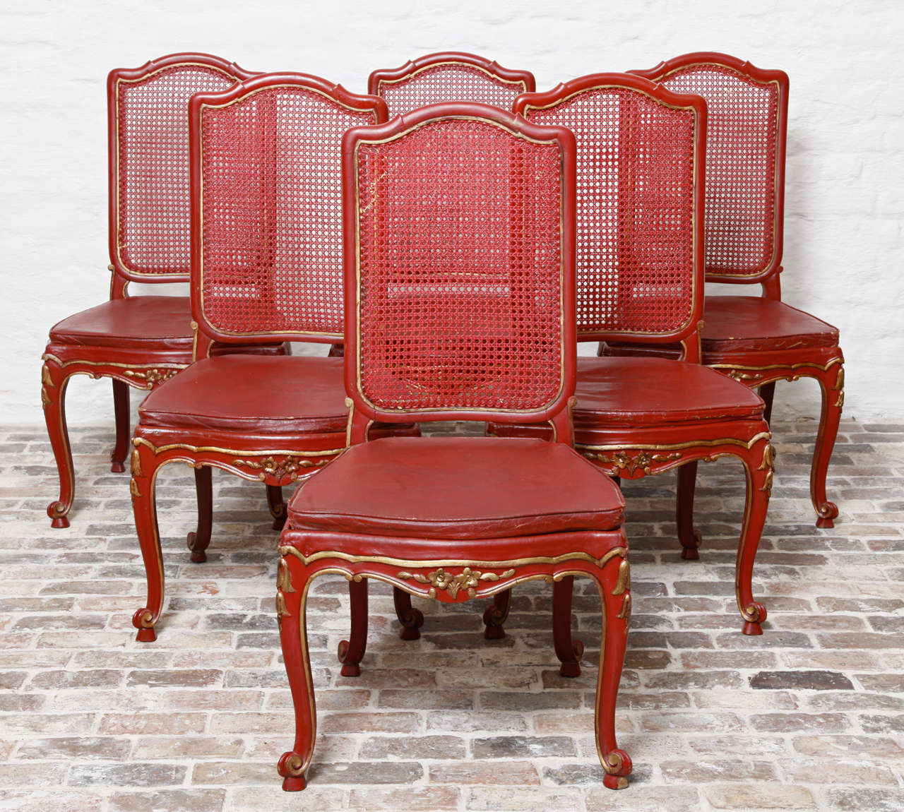 Set of Six Red Lacquered English Chinoiserie Style Dining Chairs