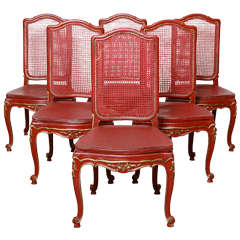 Set of Six Red Lacquered English Chinoiserie Style Dining Chairs