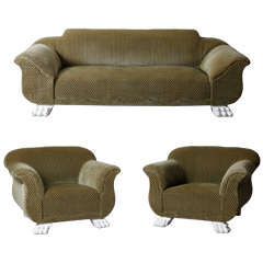 French 1940s Sofa and Two Clubs In the Jean-Charles Moreux Style
