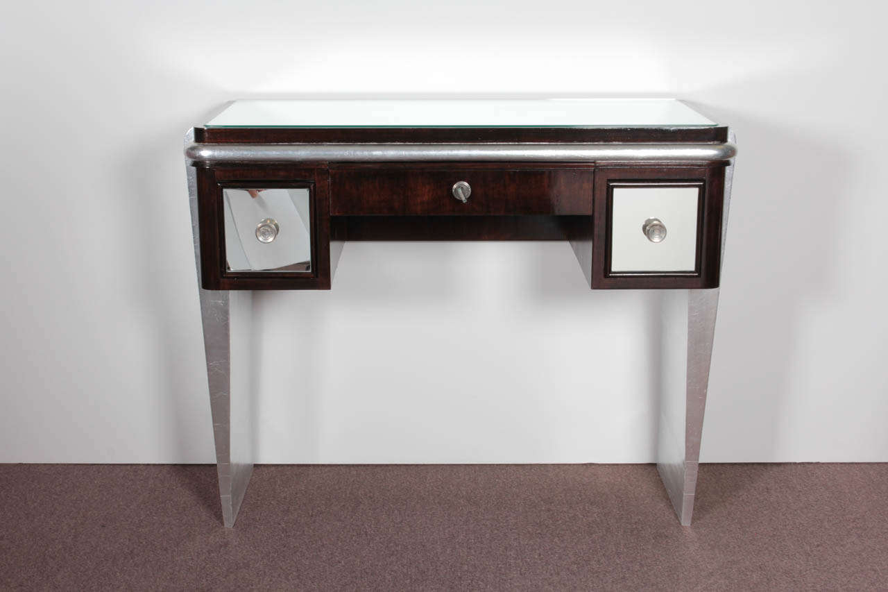 French desk/vanity in wood, silver leaf & mirror attrib to Maxime Old