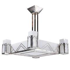 French Art Deco square chandelier frosted glass and nickel- L.Charles