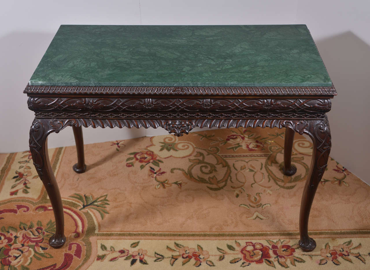 19th c  Irish mahogany single drawer deeply carved marble top console table