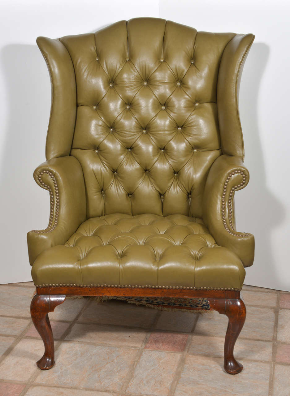 18th c English tufted leather  Queen Anne mahogany wing chair