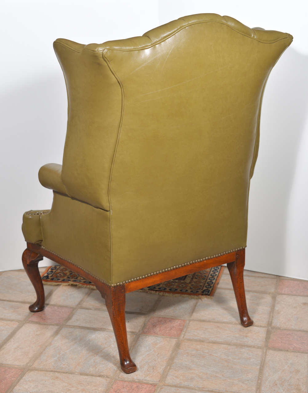 19th Century 18th Century English Tufted Leather Queen Anne Wing Chair