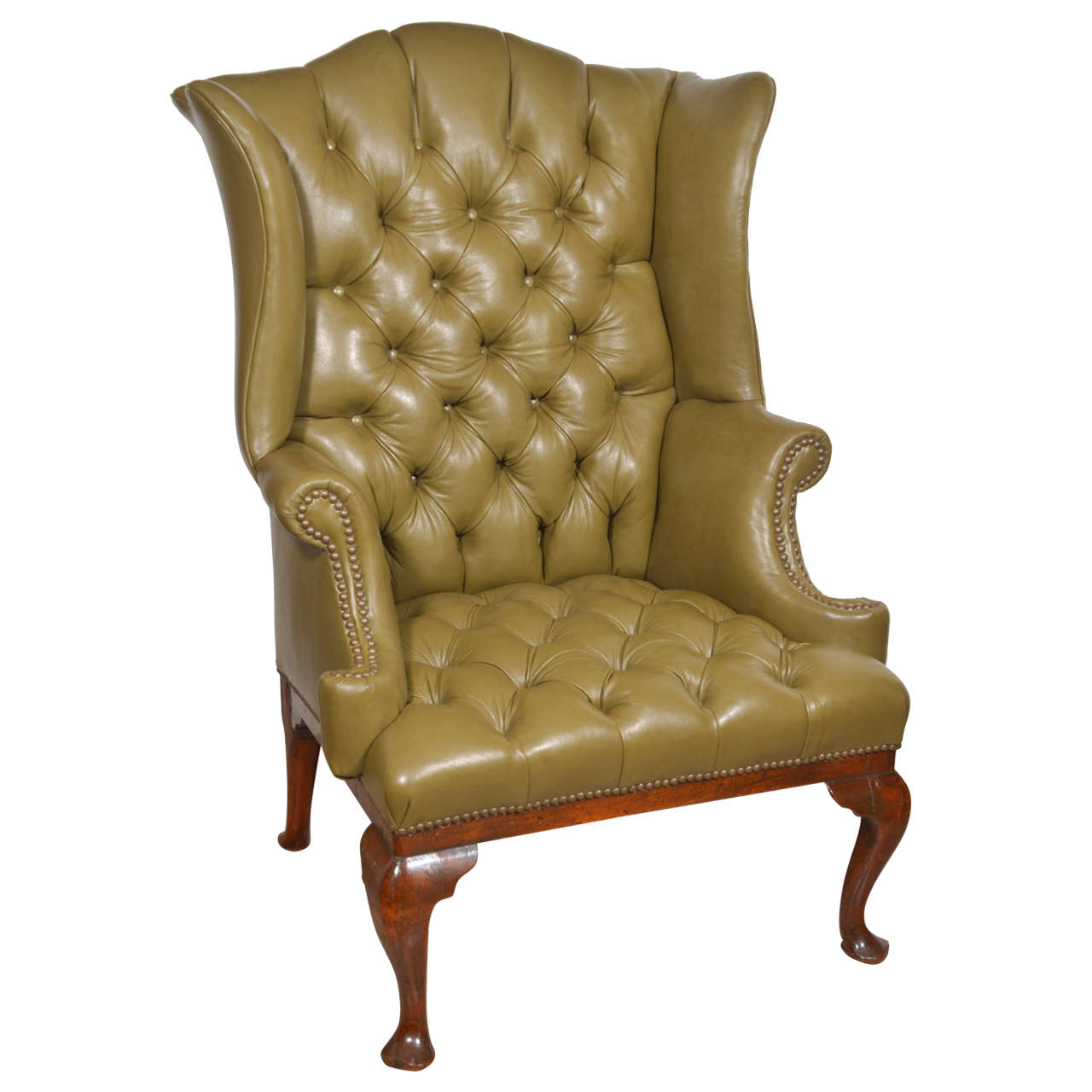 Tufted Leather Queen Anne Wing Chair, Queen Anne Leather Wingback Chair