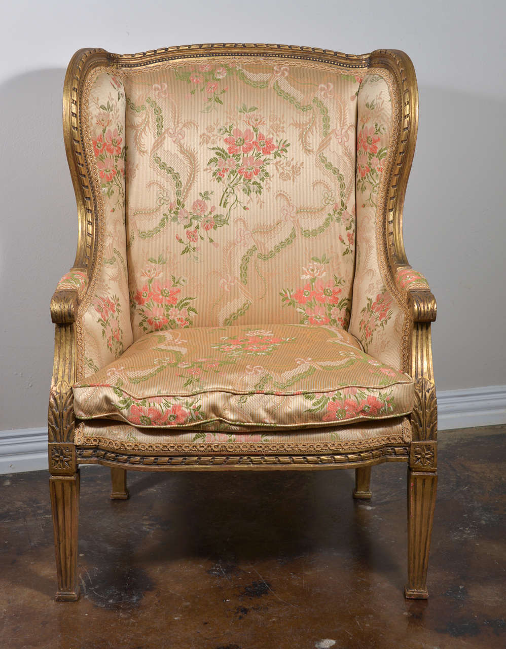 Pr of 19th c Louis XVI  gilt bergeres, covered in a silk fabric