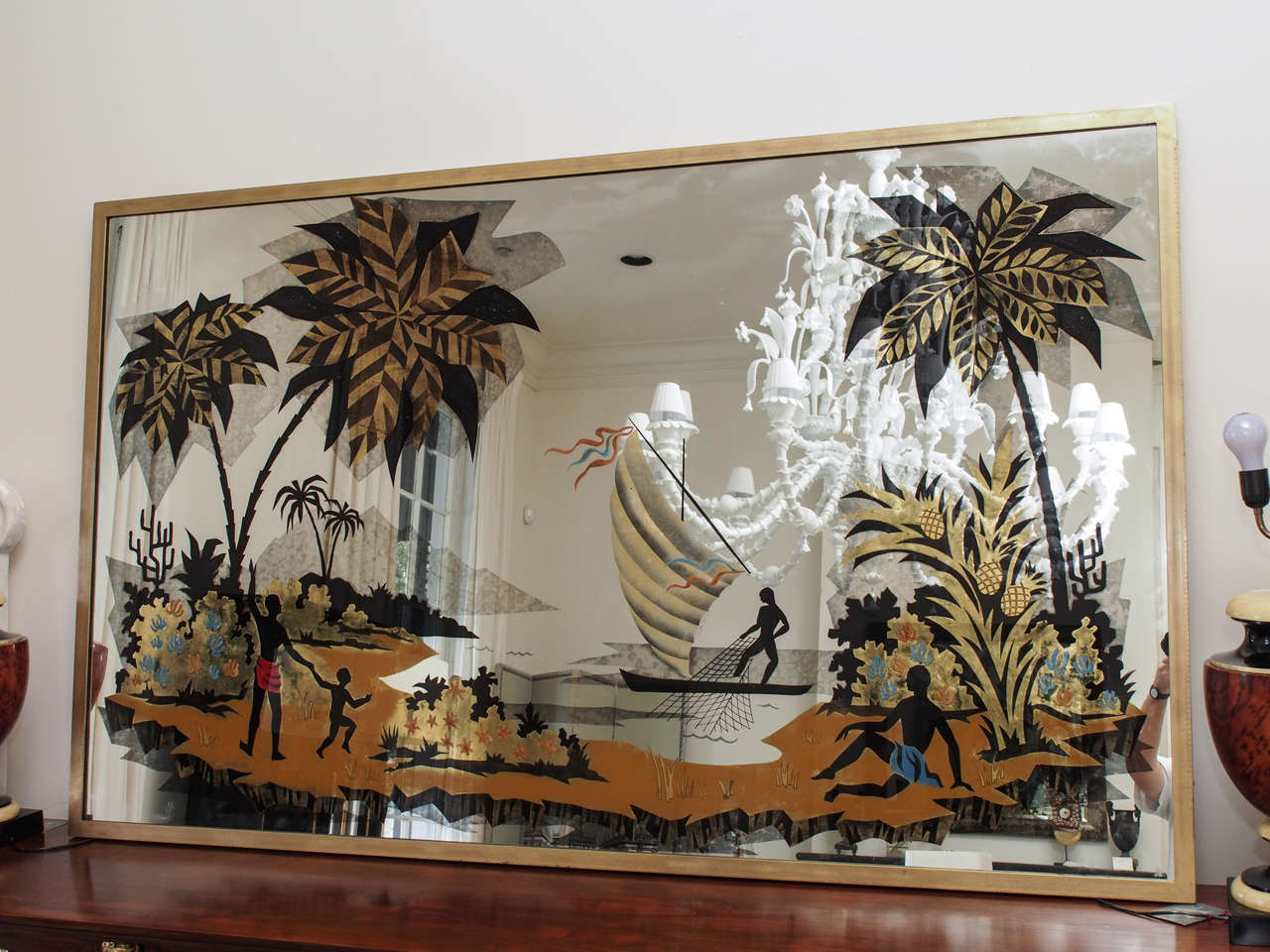 Very Large and Impressive French Mirror in Verre Eglomise, c. 1940s