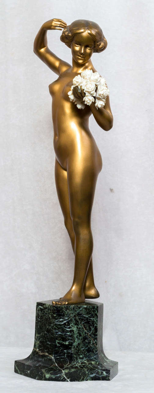 Art Deco Bronze and Ivory Nude Statue, Signed 
