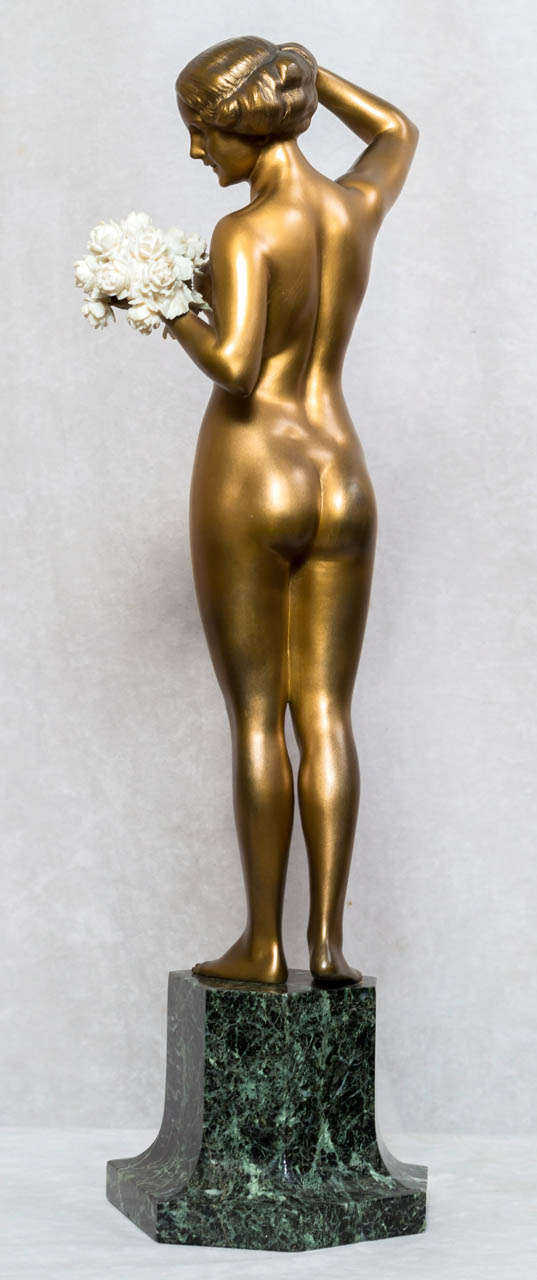 German Bronze and Ivory Nude Statue, Signed 