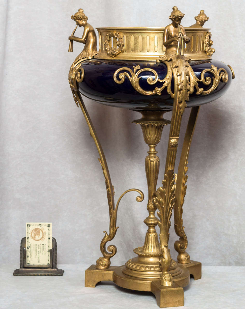 Gilt Bronze and Cobalt Glass Centerpiece