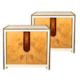 Pair Lacquer and Exotic Veneer Nightstands with Bronze Trim