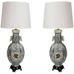 Pair of Asian Influence Mottled Blue Glazed Ceramic Lamps