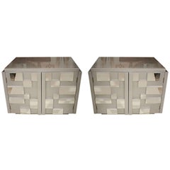 Pair of Metallic Silver Lacquer & Mirror Cubist Side Cabinets