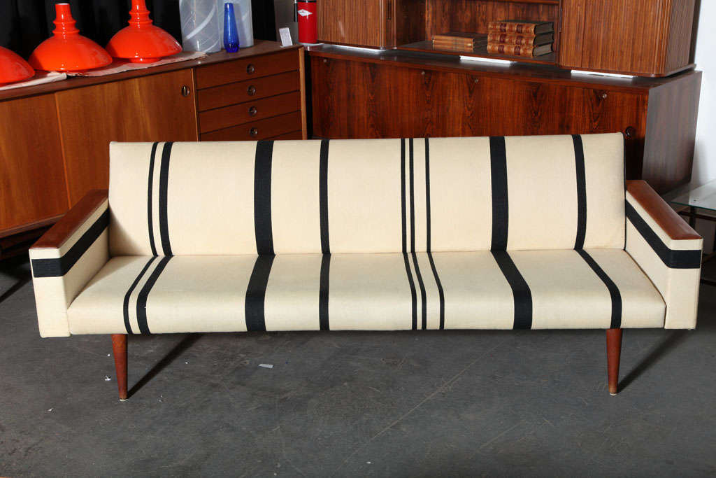 Danish Black Striped Sofa with Wooden Armrests by Illum Wikkelso