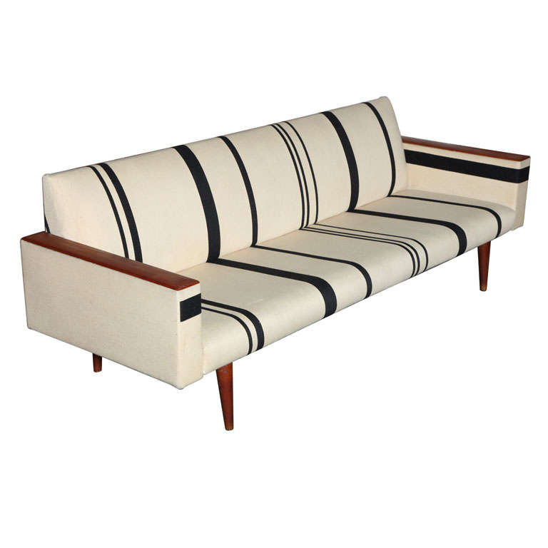 Black Striped Sofa with Wooden Armrests by Illum Wikkelso