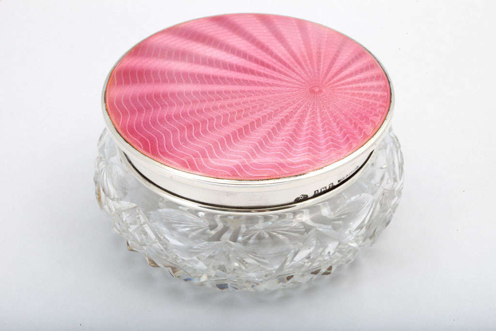 Sterling Silver, Pink Enamel and Cut Crystal Powder Jar