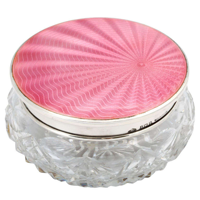 Sterling Silver, Pink Enamel and Cut Crystal Powder Jar
