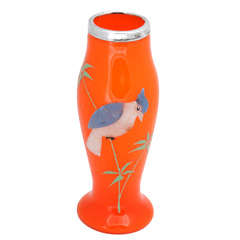 Sterling Silver-Mounted Enameled Vase With Bird Motif