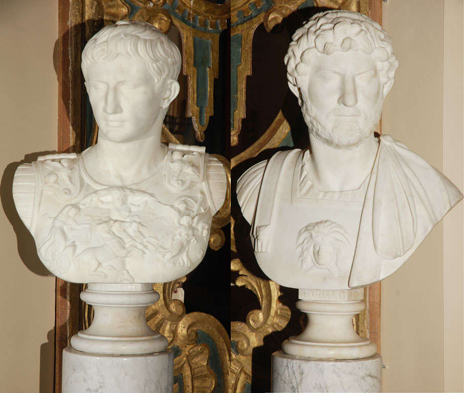 Pair of Grand Tour marble busts with columns featuring Emperors Hadrian and Caesar