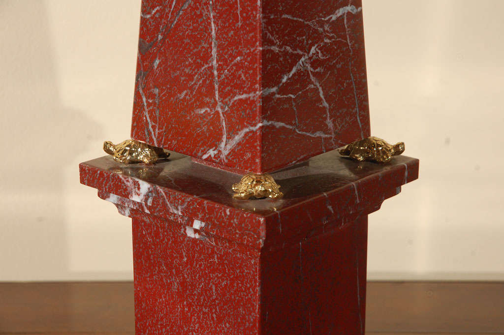 Bronze Pair of Rouge Marble Obelisks