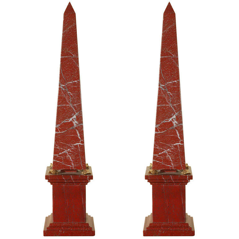 Pair of Rouge Marble Obelisks