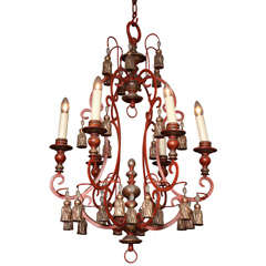 A Chic Red and Parcel-Gilt Tassel Six-Light Chandelier