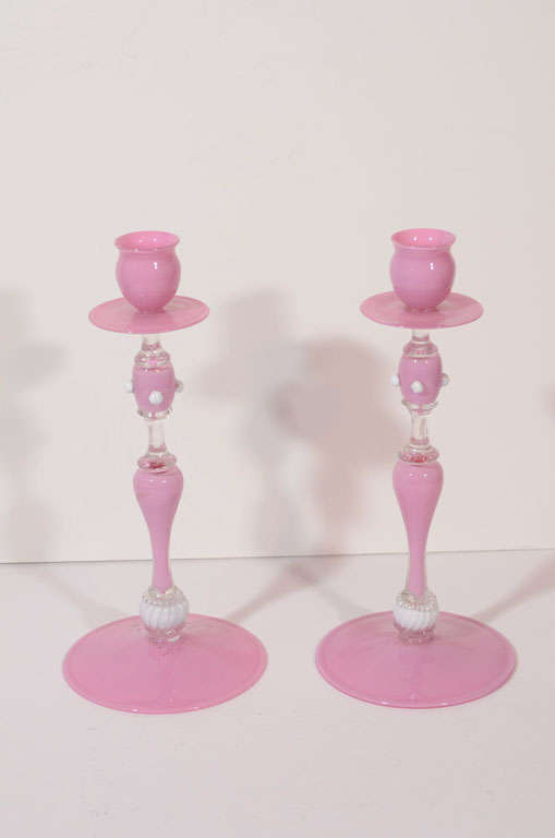 A Pair Of Venetian Glass Candlesticks