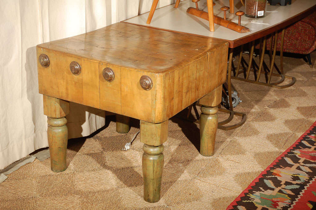 Late 19th Century French Oak Butcher Block Table With Round Iron Details.