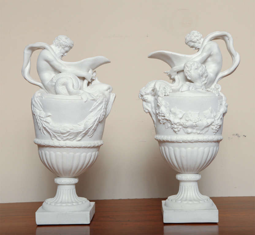 Two 19th century, Parian ewers by T.J.&J. Mayer/Dale Hall Pottery/Longport, after Flaxman