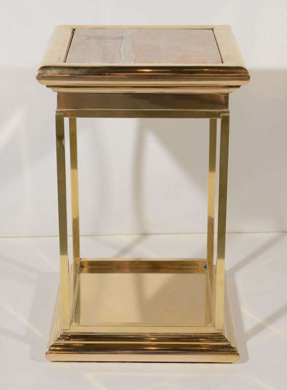 Italian Mid-Century Brass Column Pedestal Table with Marble Inset