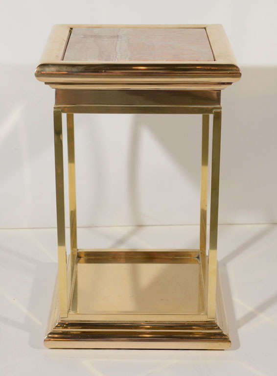 MidCentury Brass Column Pedestal Table with Marble Inset at 1stdibs