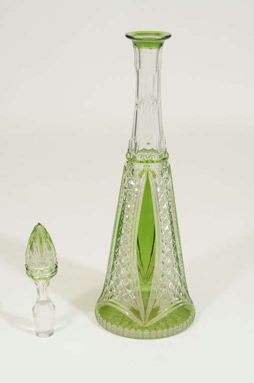 Green and Cut to Clear cut glass bottle by Val St. Lambert