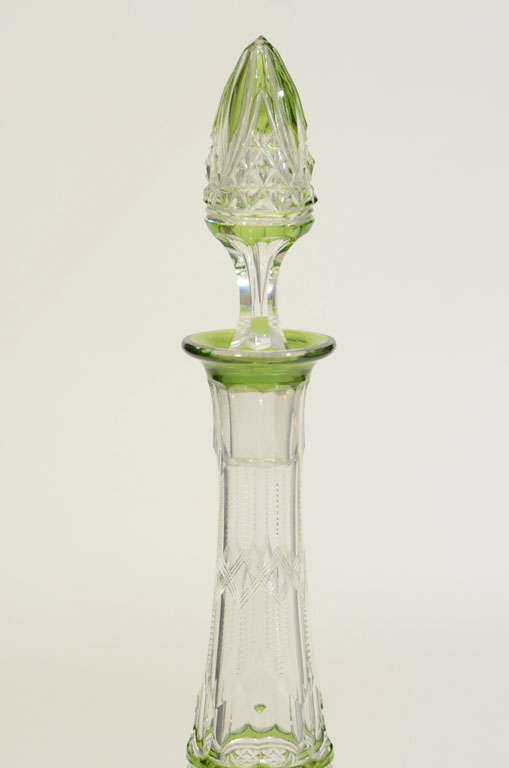 French Val St. Lambert Crystal and Cut to Clear and Green Glass Perfume Bottle For Sale