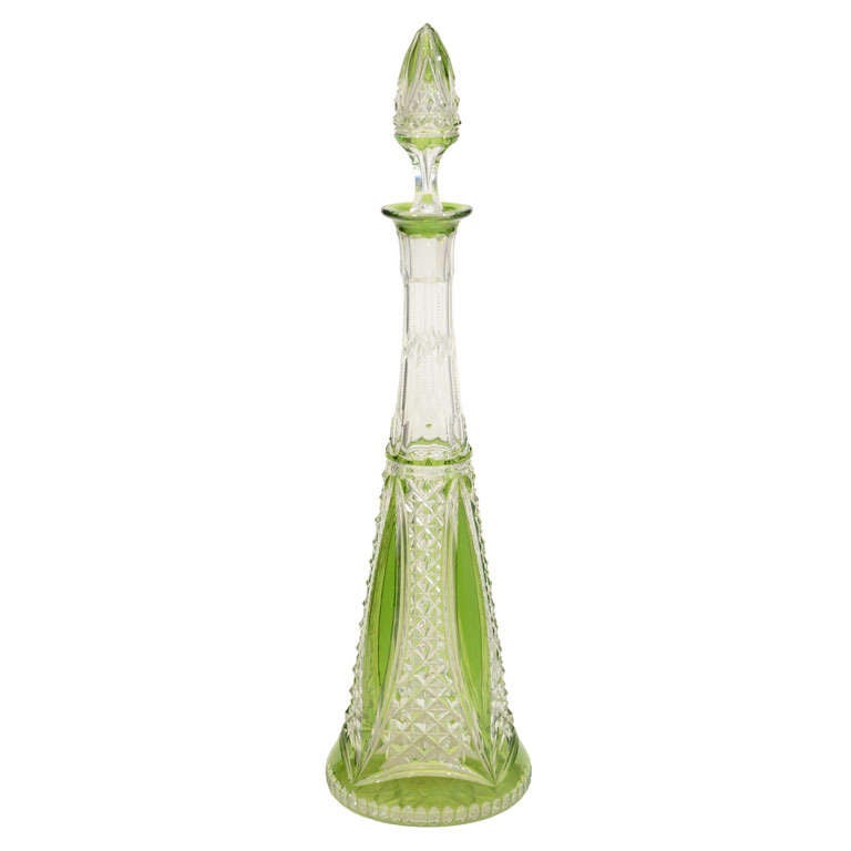 Val St. Lambert Crystal and Cut to Clear and Green Glass Perfume Bottle For Sale
