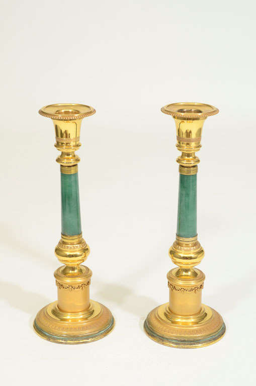 Pair of 1900s Gilt Silver and Jade Candlesticks