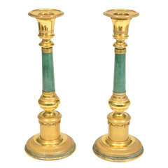 Antique Pair of 1900s Gilt Silver and Jade Candlesticks