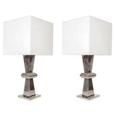 Vintage Ultra Chic Pair of Hourglass Nickel Lamps with Lucite Shades