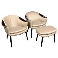 Striking Pair of Modernist Chairs with matching Ottoman